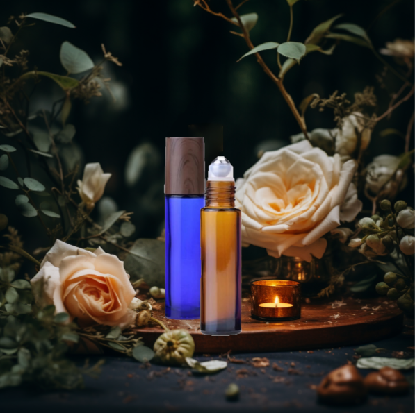 Amber and cobalt roller bottles in front of greenery.