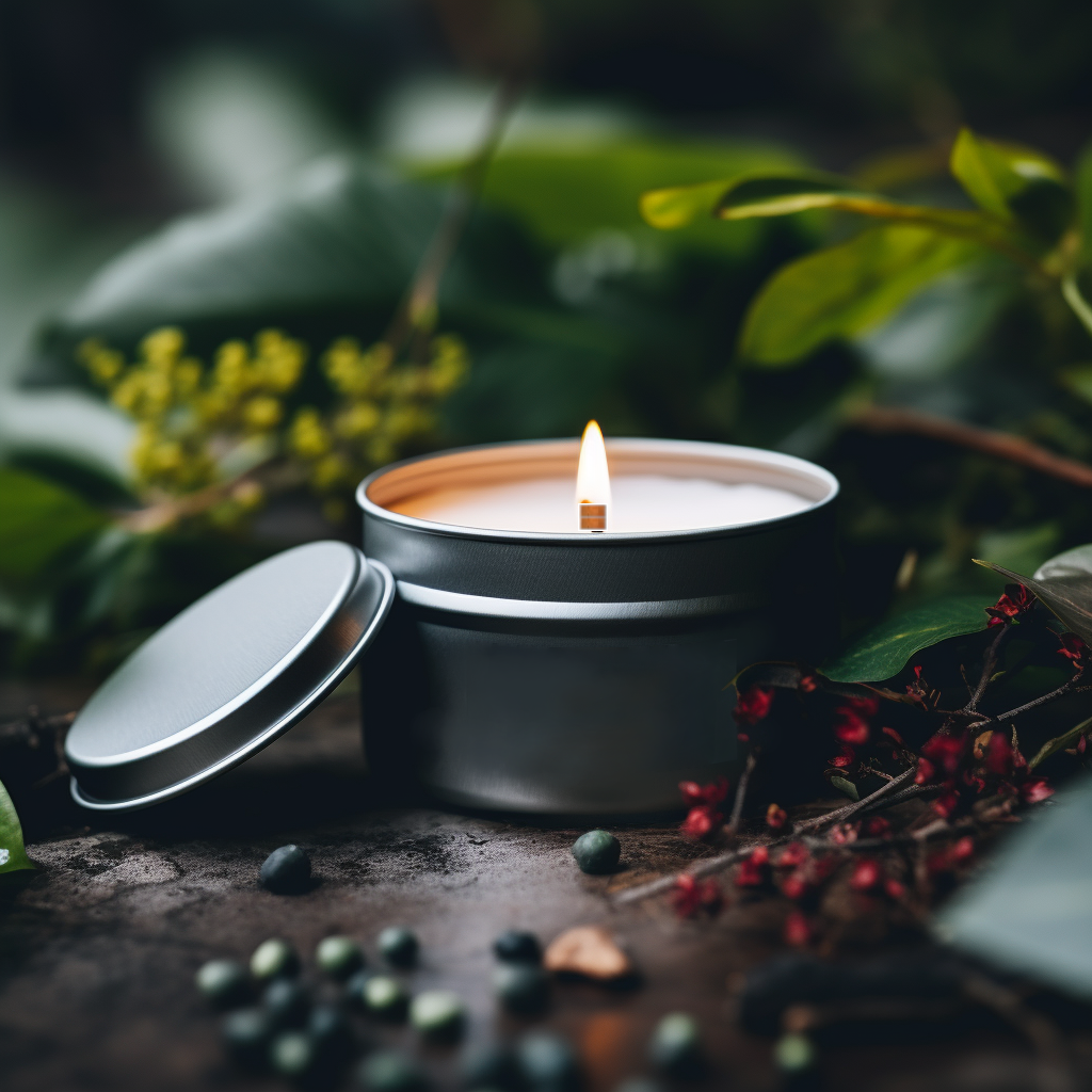 Wood wick candle burning, surrounded by greenery.