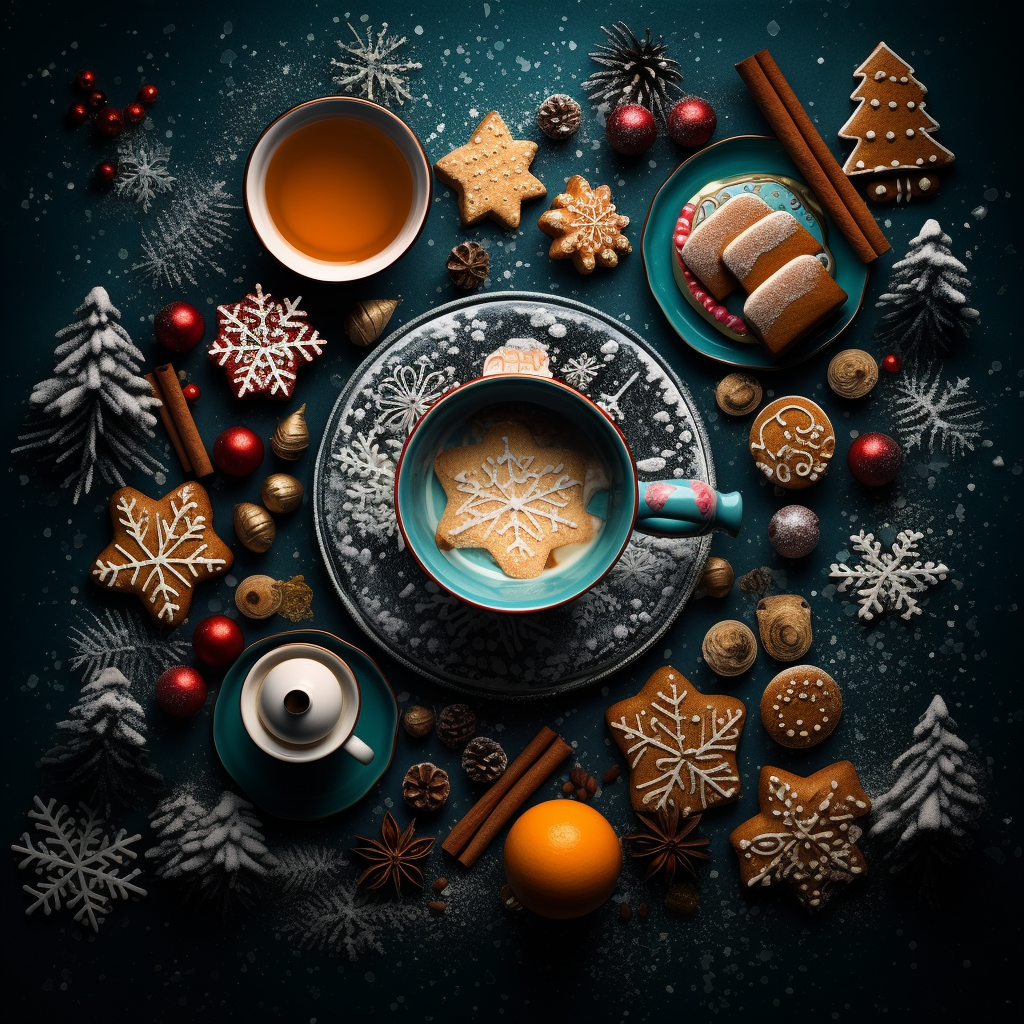 Christmas decorations and cookies scattered around a tea cup.