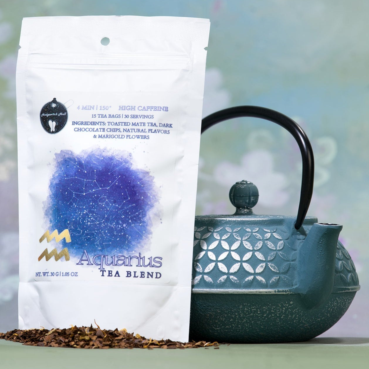 Product photo of Aquarius tea blend and teal teapot.