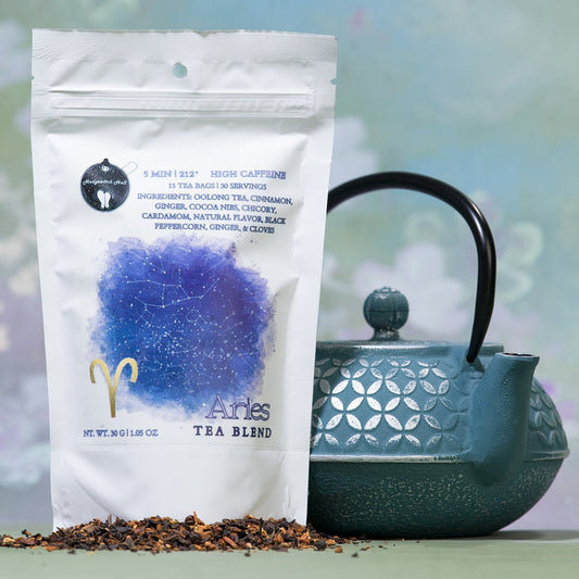 Product photo of Aries tea blend and teal teapot.