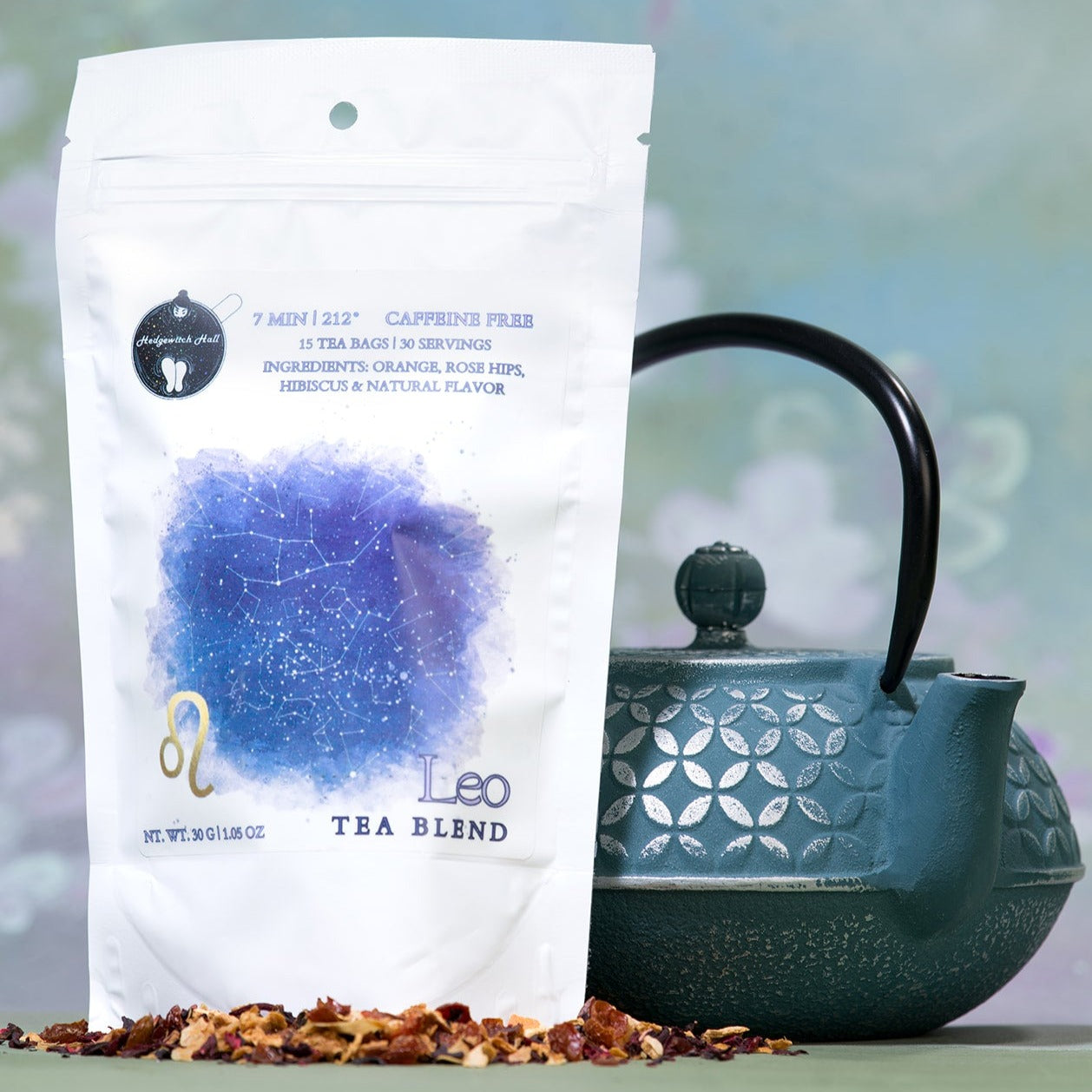 Product photo of Leo tea blend and teal teapot.