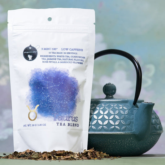 Product photo of Taurus tea blend and teal teapot.