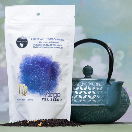 Product photo of virgo tea blend and teal teapot.