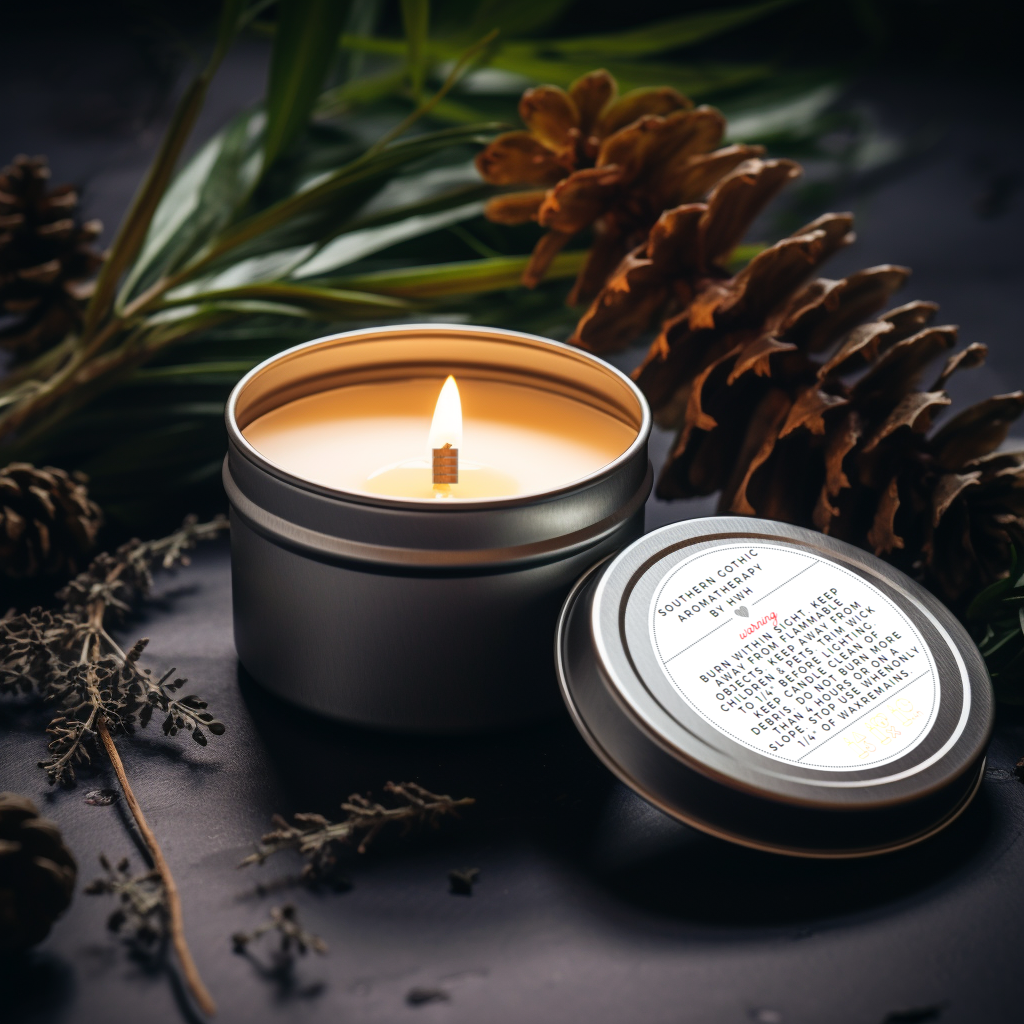 Wood wick candle burning, surrounded by greenery and pinecones.